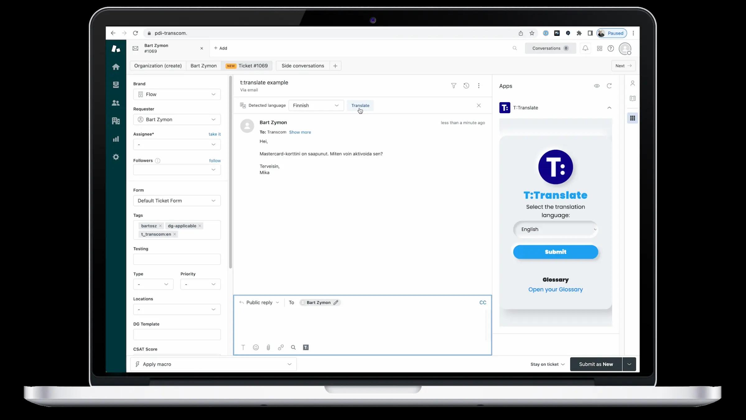 Transcom app open in laptop